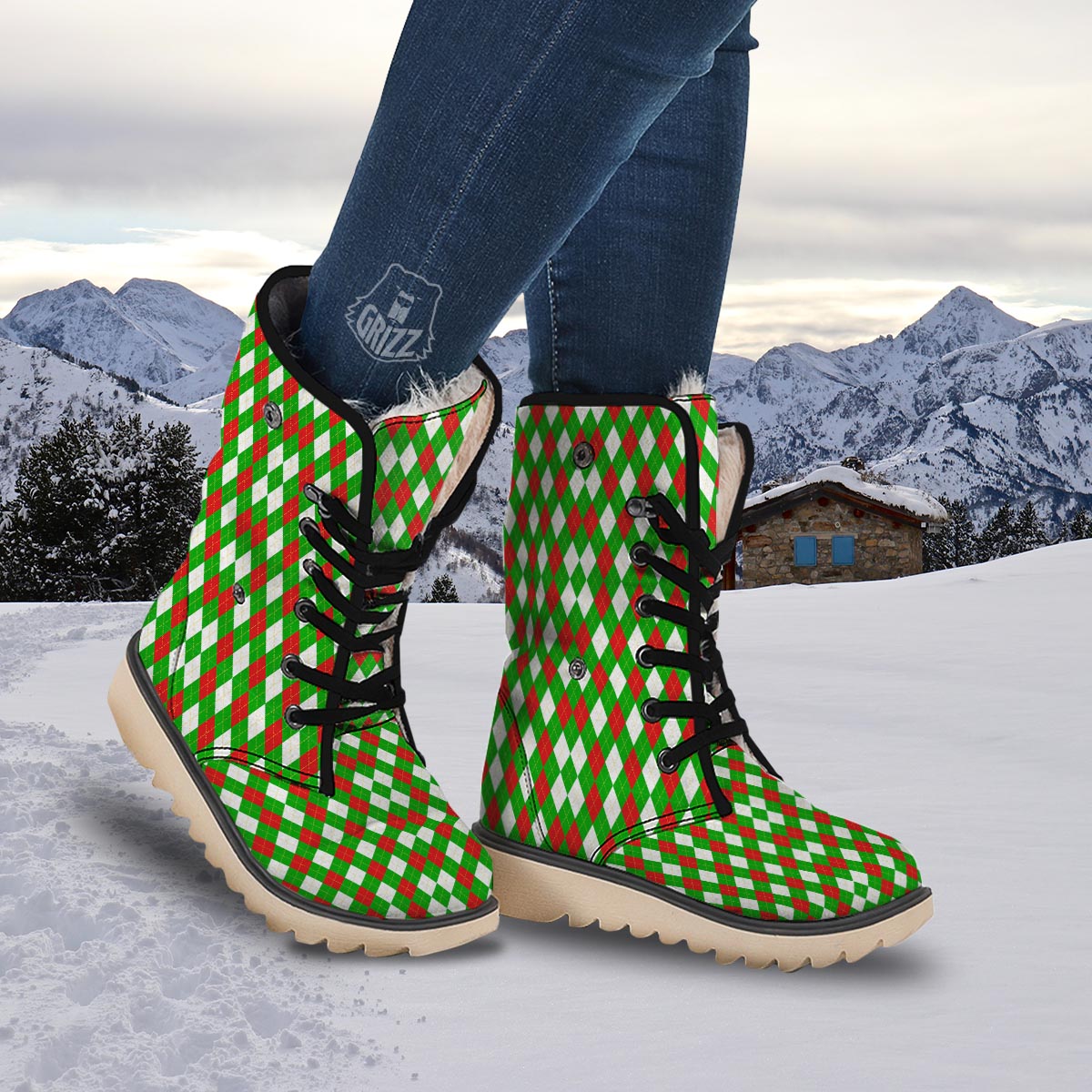 White Argyle And Green Red Print Pattern Snow Boots-grizzshop