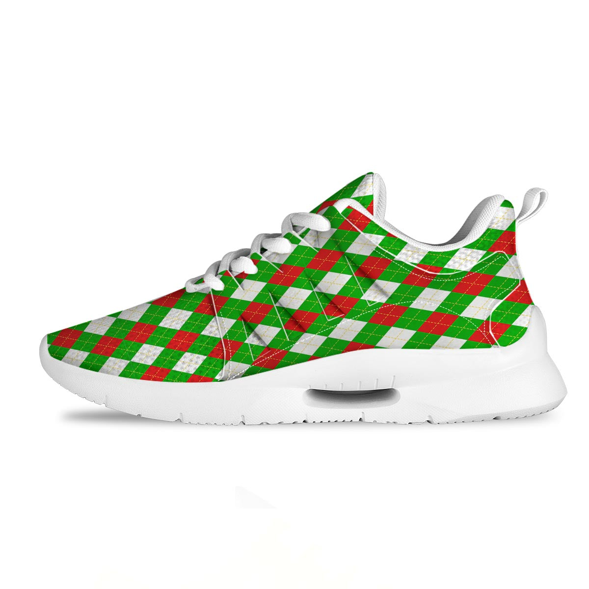 White Argyle And Green Red Print Pattern Tennis Shoes-grizzshop