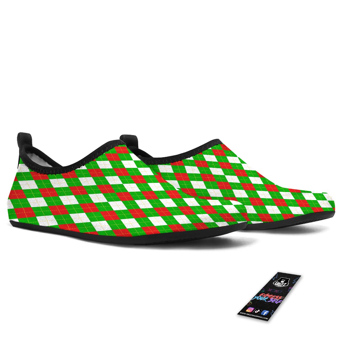 White Argyle And Green Red Print Pattern Water Shoes-grizzshop