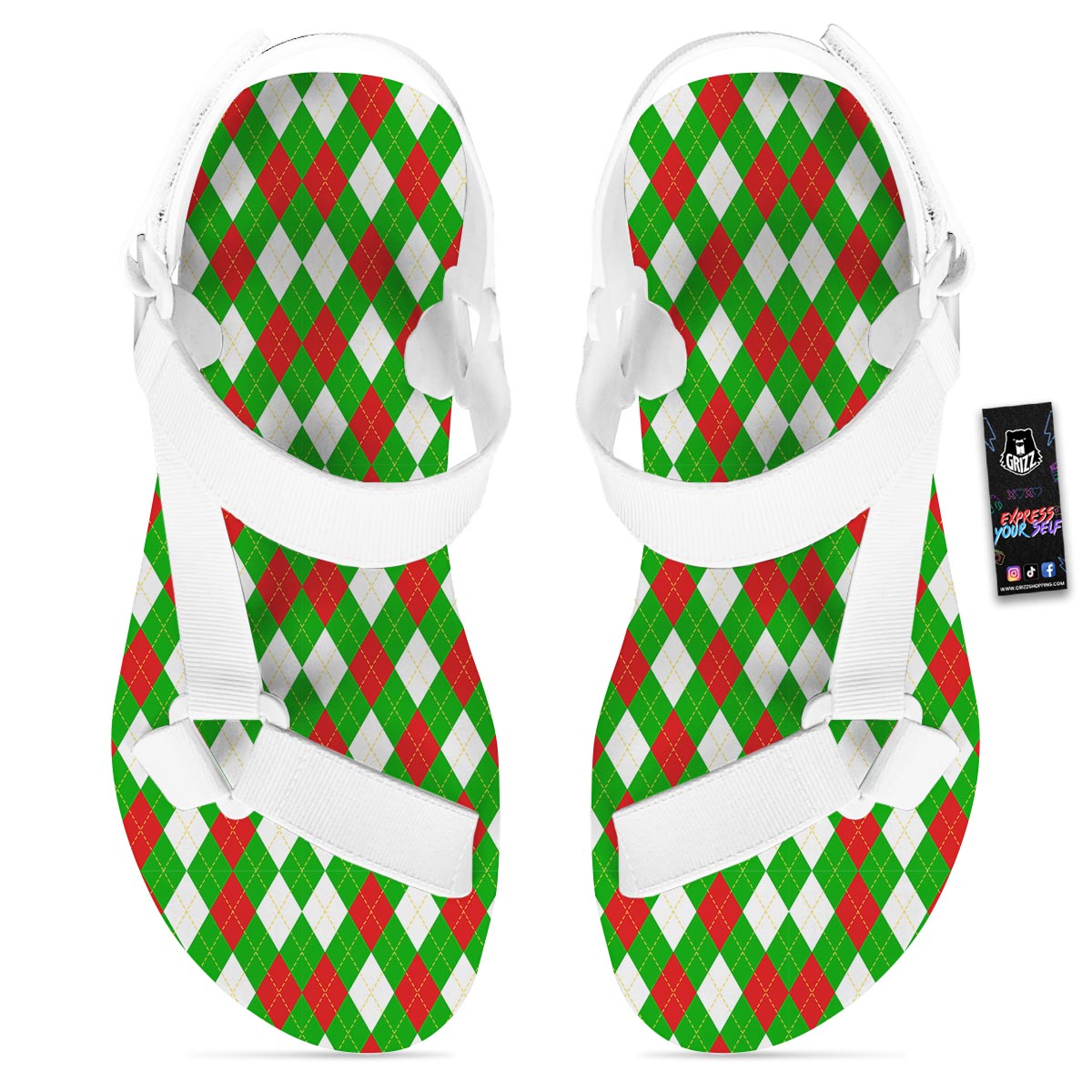 White Argyle And Green Red Print Pattern White Open Toe Sandals-grizzshop