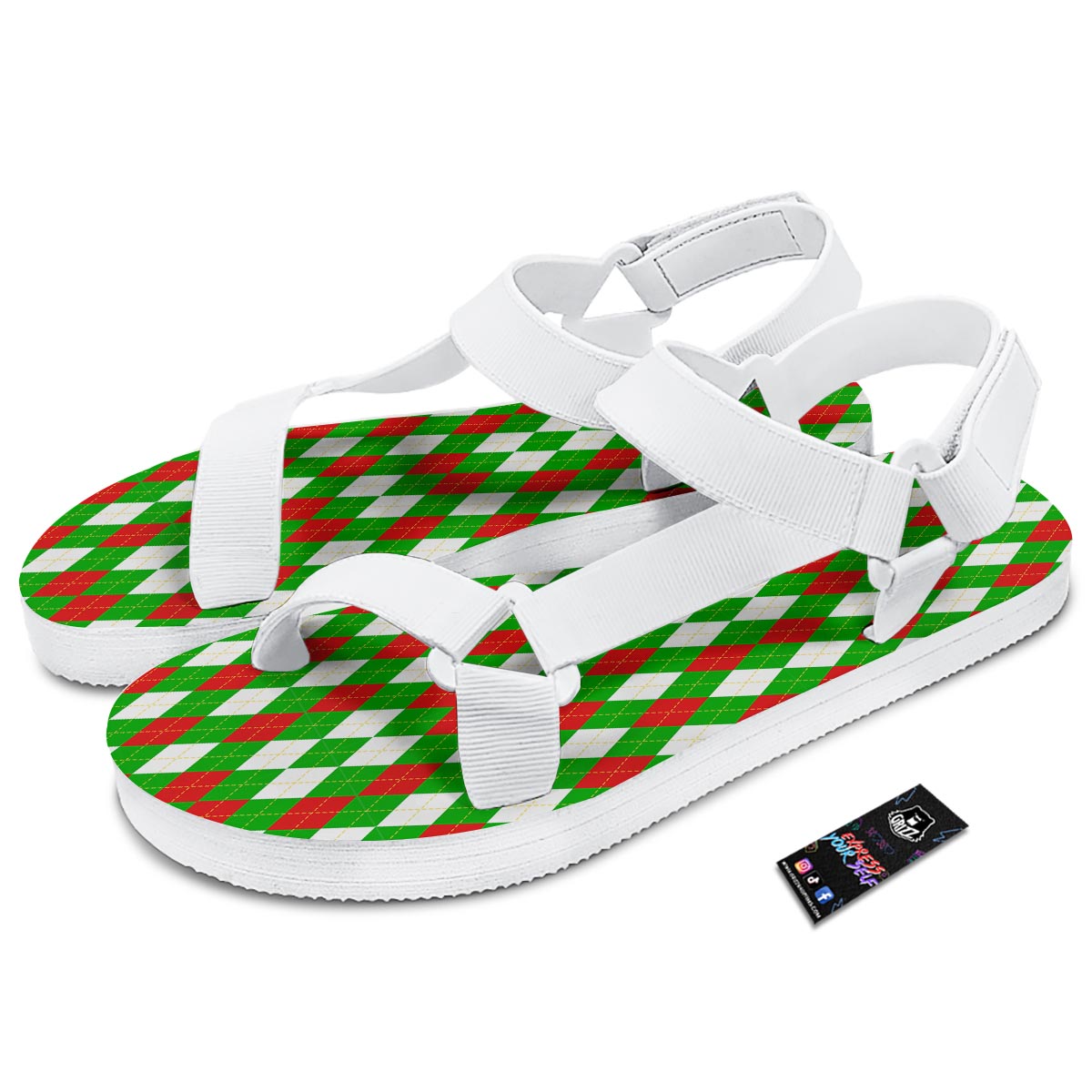 White Argyle And Green Red Print Pattern White Open Toe Sandals-grizzshop