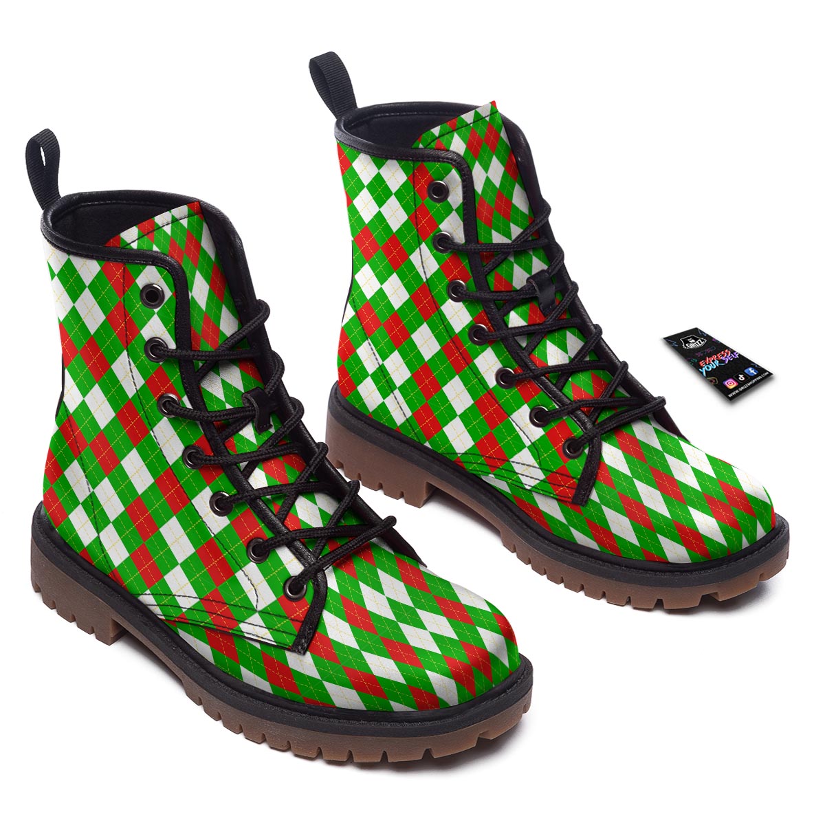 White Argyle And Green Red Print Pattern Work Boots-grizzshop