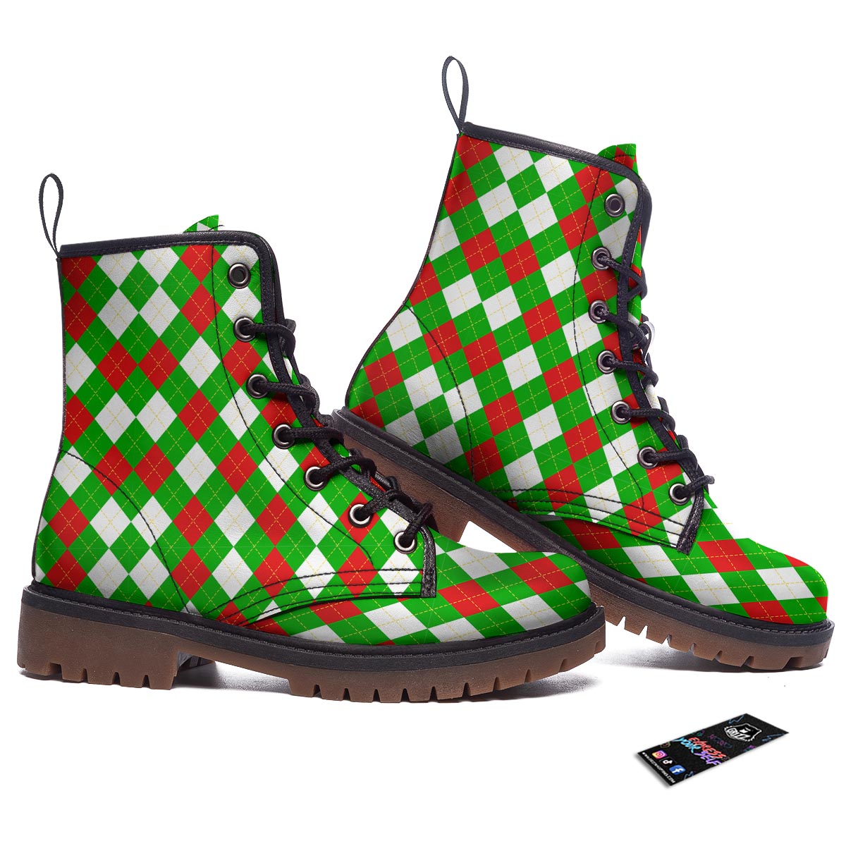 White Argyle And Green Red Print Pattern Work Boots-grizzshop