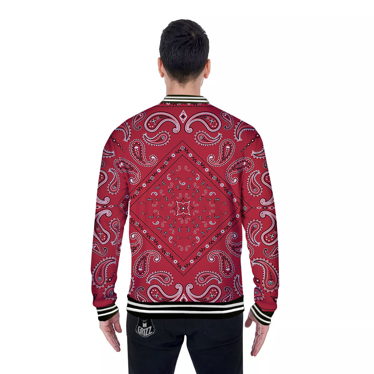 White Bandana And Black Red Print Baseball Jacket-grizzshop