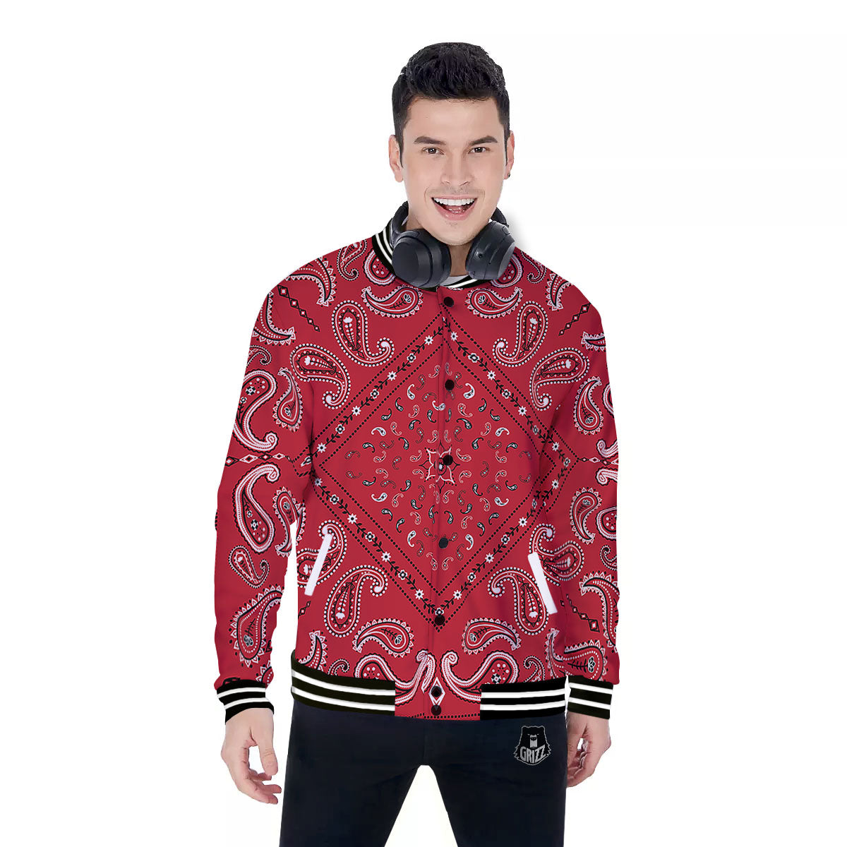 White Bandana And Black Red Print Baseball Jacket-grizzshop