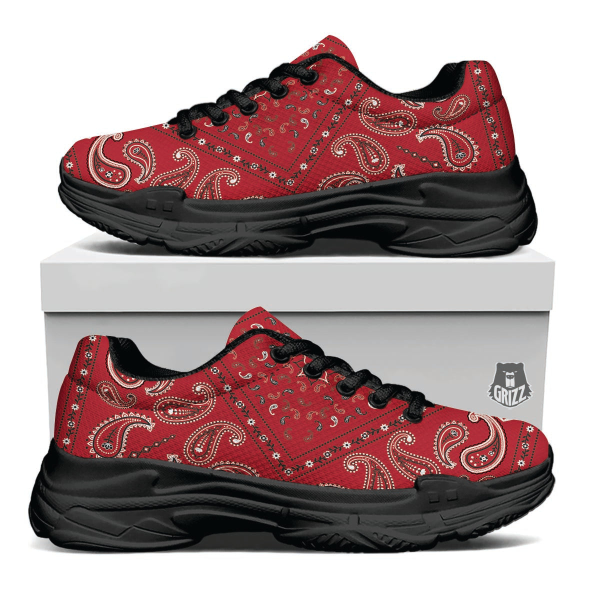 White Bandana And Black Red Print Black Chunky Shoes-grizzshop