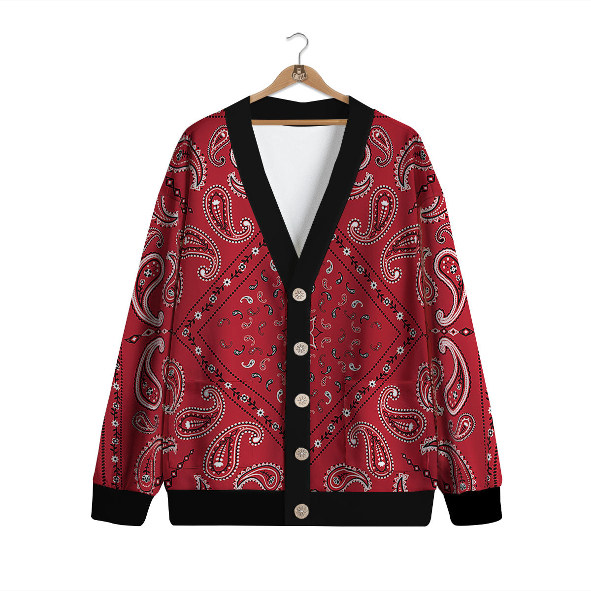 White Bandana And Black Red Print Cardigan-grizzshop