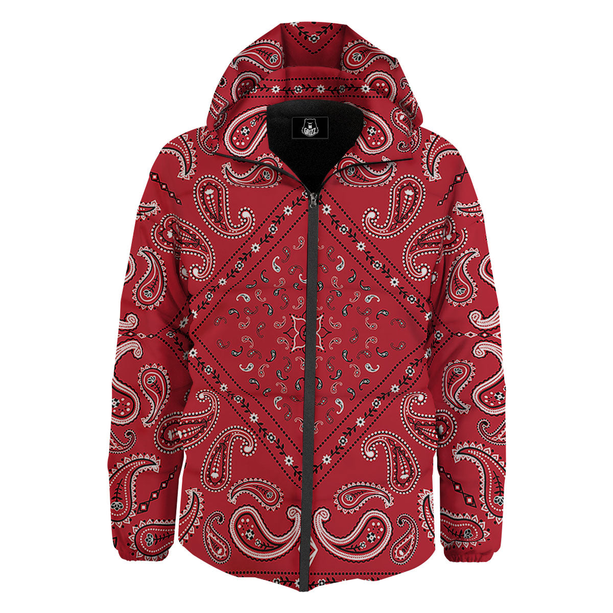 White Bandana And Black Red Print Down Jacket-grizzshop
