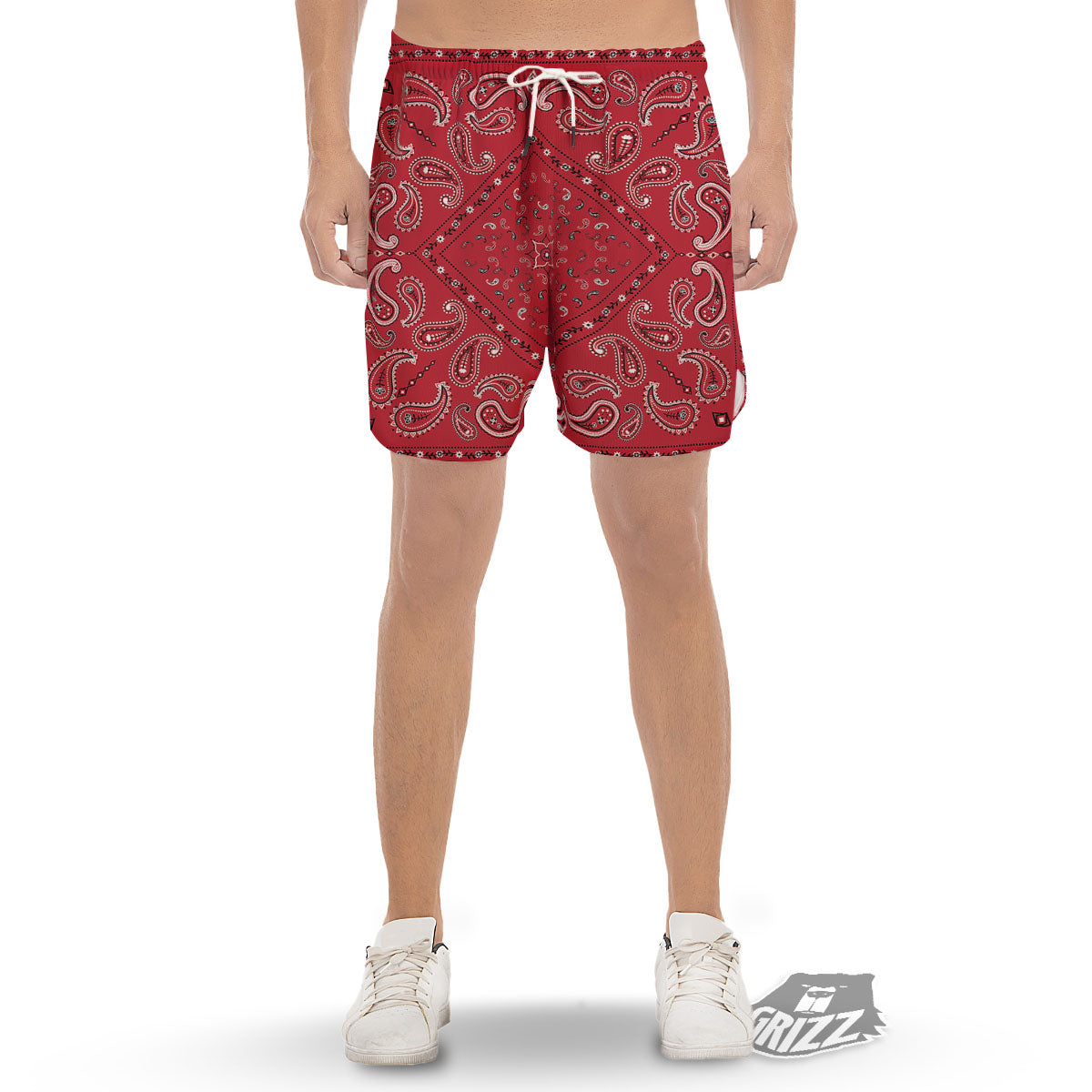 White Bandana And Black Red Print Men's Gym Shorts-grizzshop