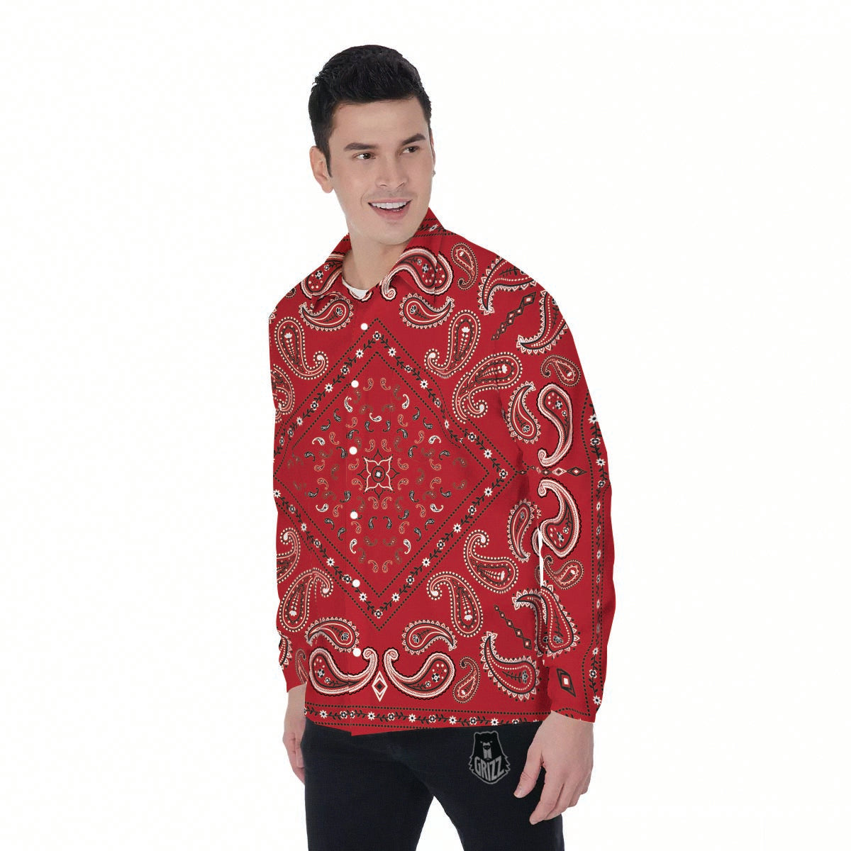 White Bandana And Black Red Print Men's Long Sleeve Shirts-grizzshop