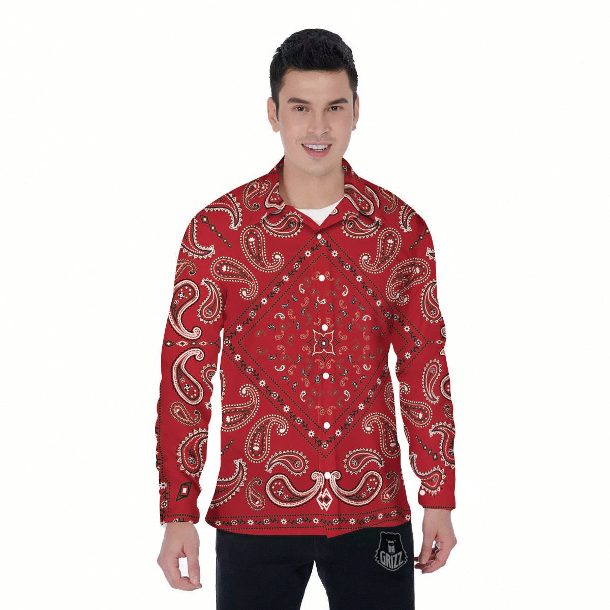 White Bandana And Black Red Print Men's Long Sleeve Shirts-grizzshop