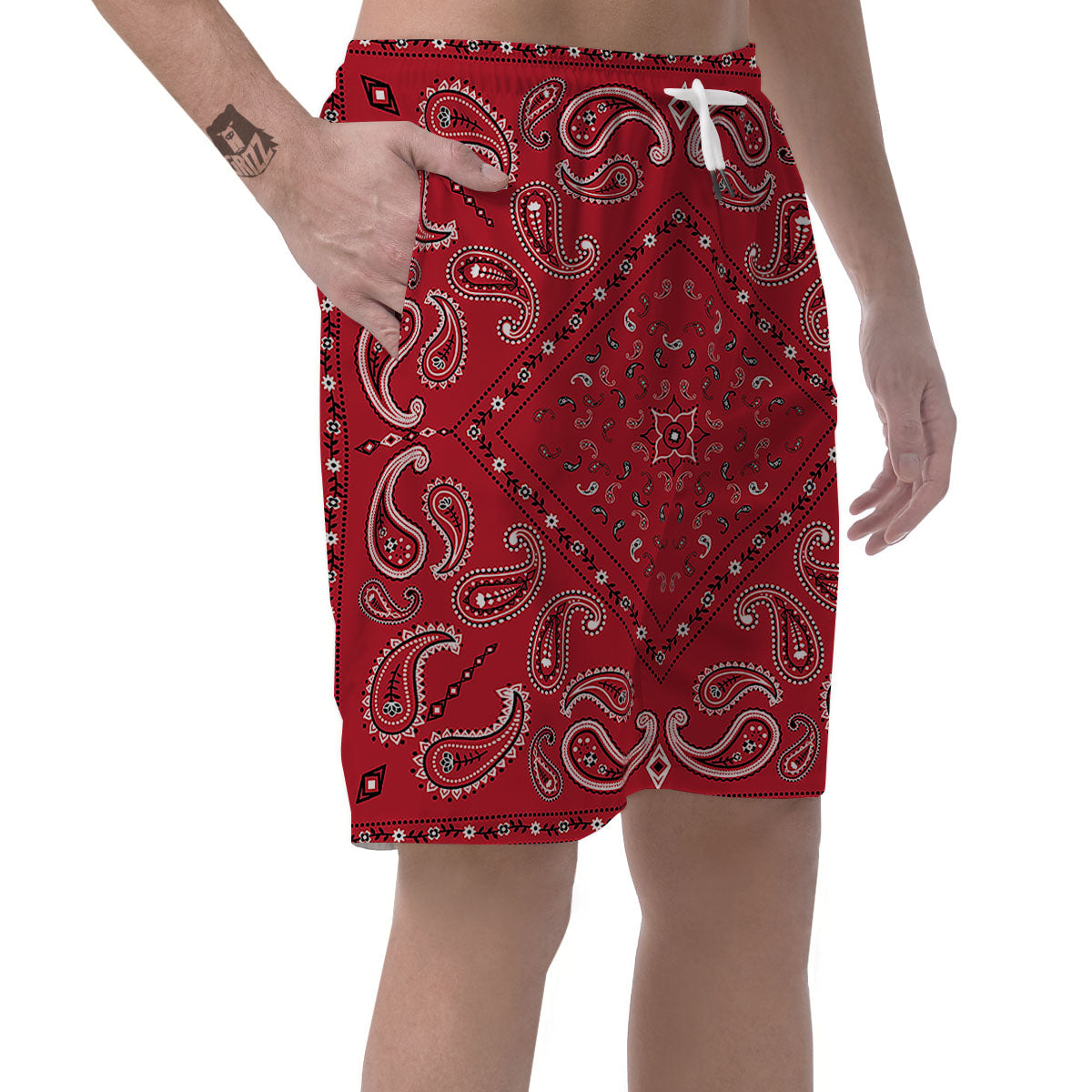 White Bandana And Black Red Print Men's Shorts-grizzshop