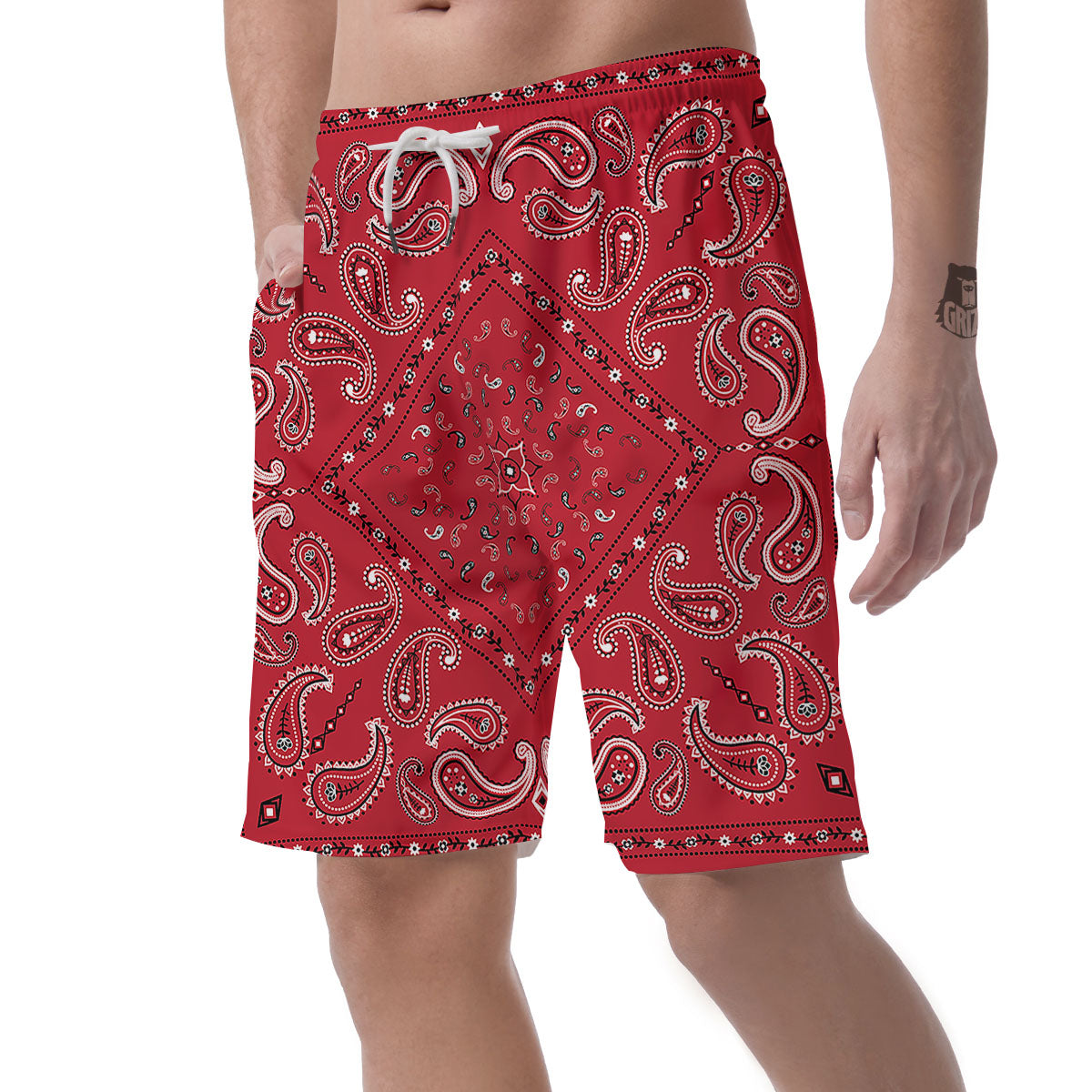 White Bandana And Black Red Print Men's Shorts-grizzshop