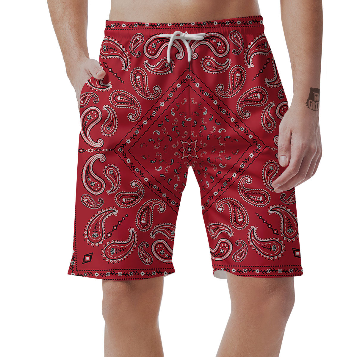 White Bandana And Black Red Print Men's Shorts-grizzshop