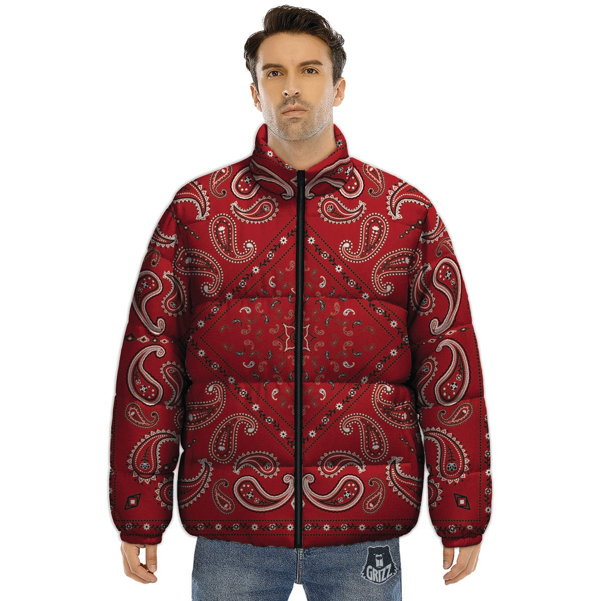 White Bandana And Black Red Print Puffer Jacket-grizzshop