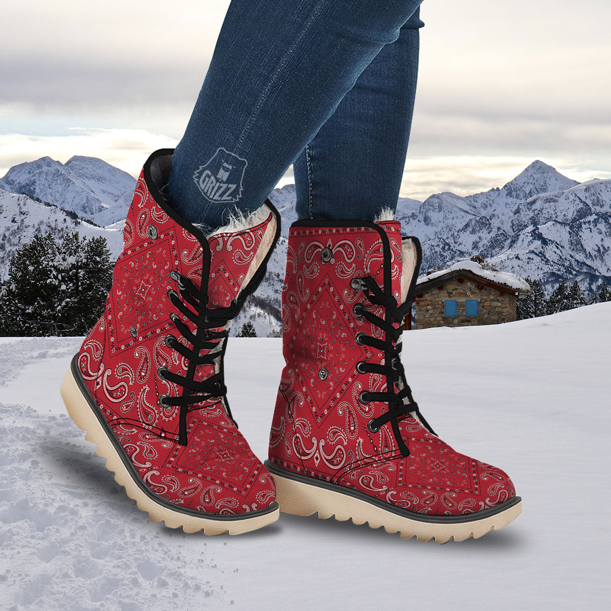 White Bandana And Black Red Print Snow Boots-grizzshop