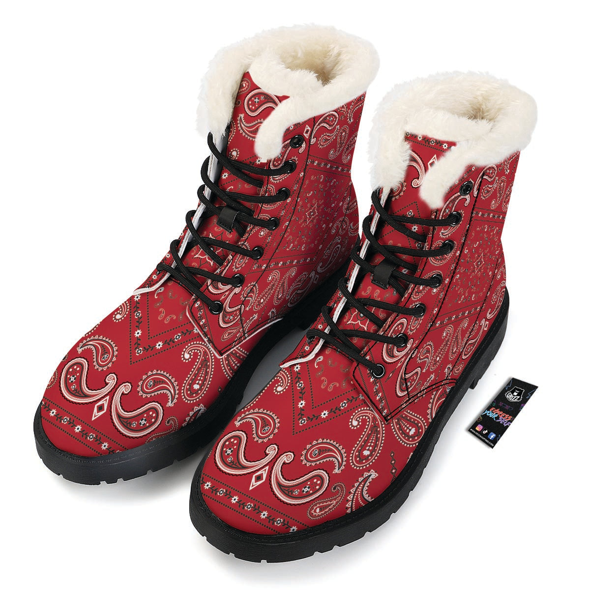 White Bandana And Black Red Print Winter Boots-grizzshop