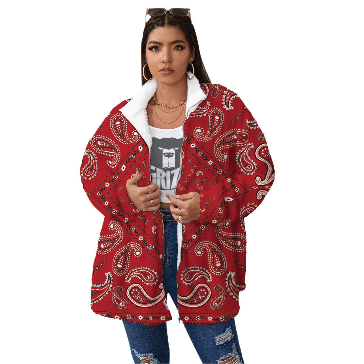 White Bandana And Black Red Print Women's Sherpa Jacket-grizzshop