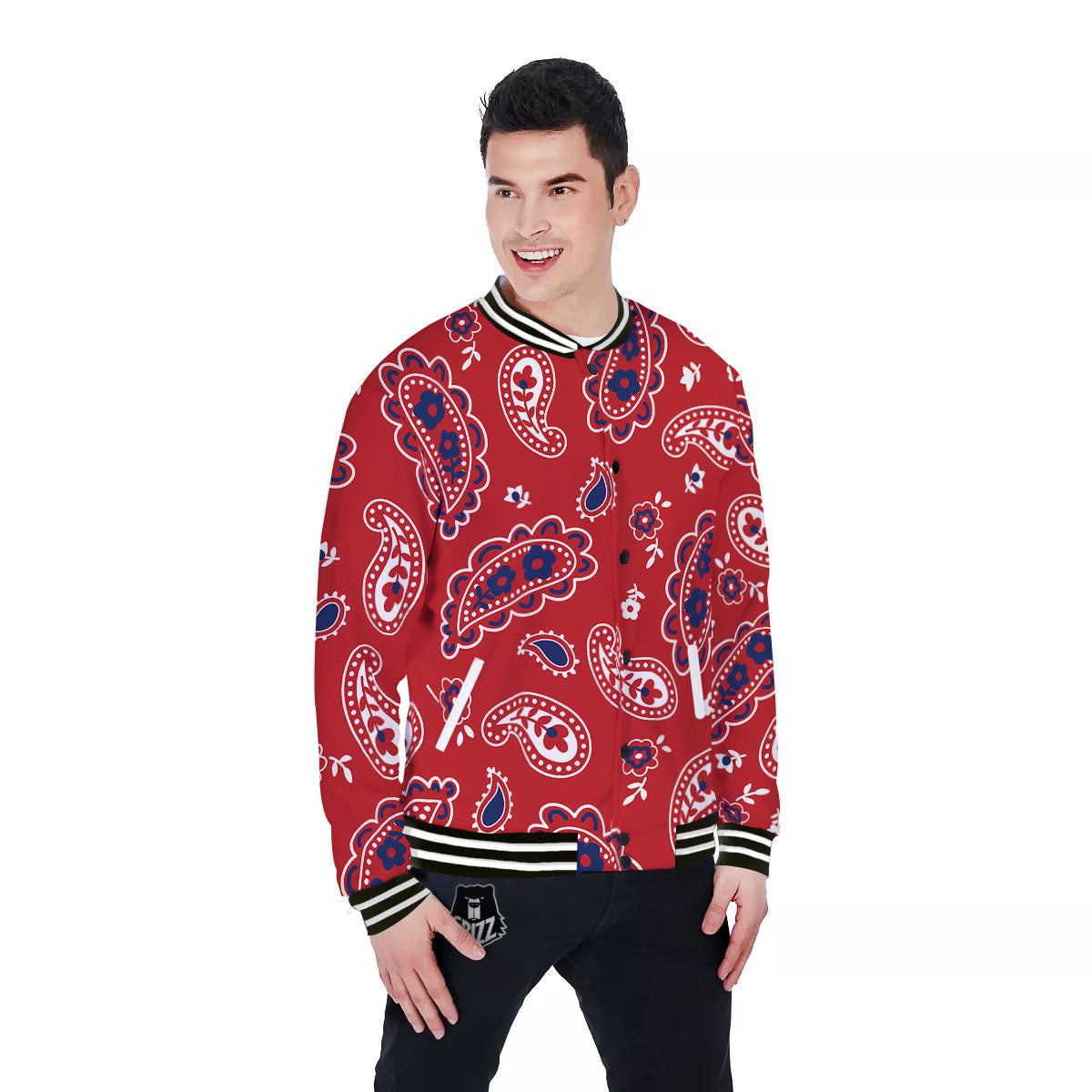 White Bandana And Blue Red Print Baseball Jacket-grizzshop
