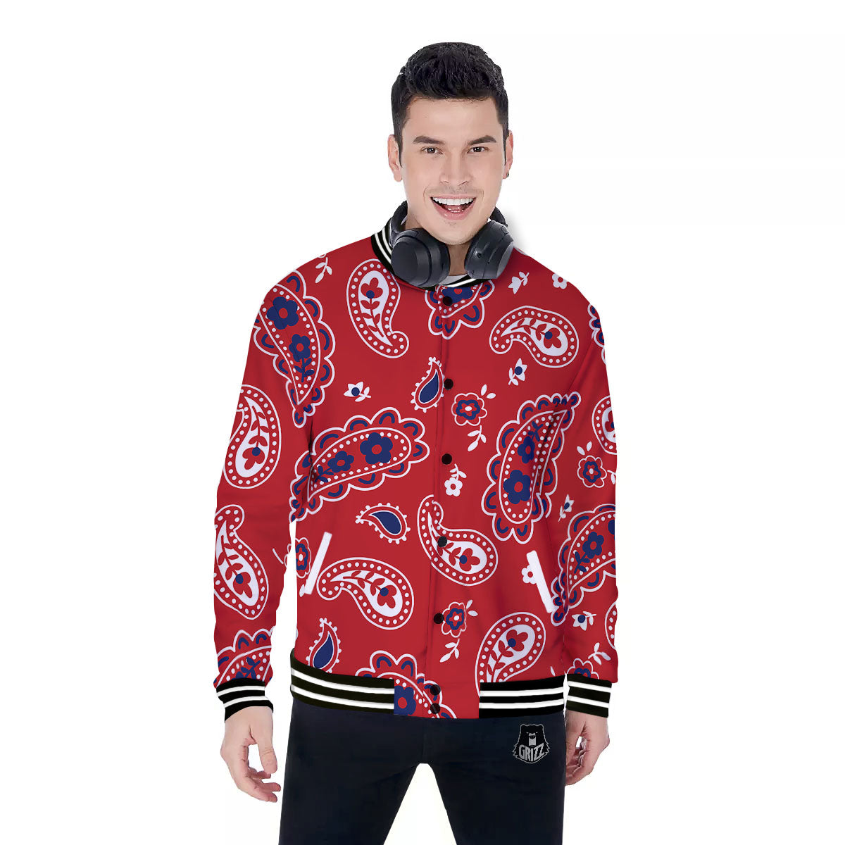 White Bandana And Blue Red Print Baseball Jacket-grizzshop