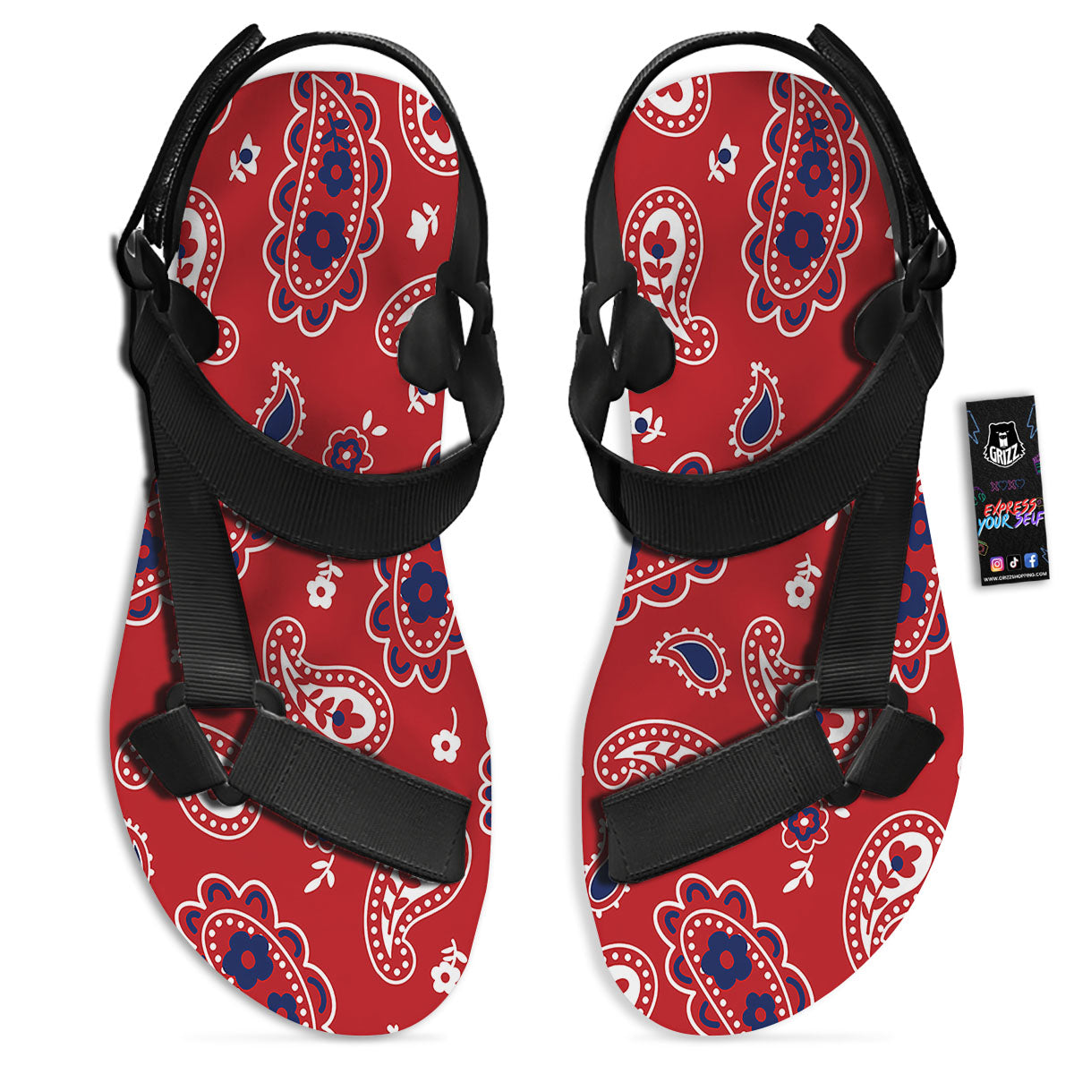 White Bandana And Blue Red Print Black Open Toe Sandals-grizzshop