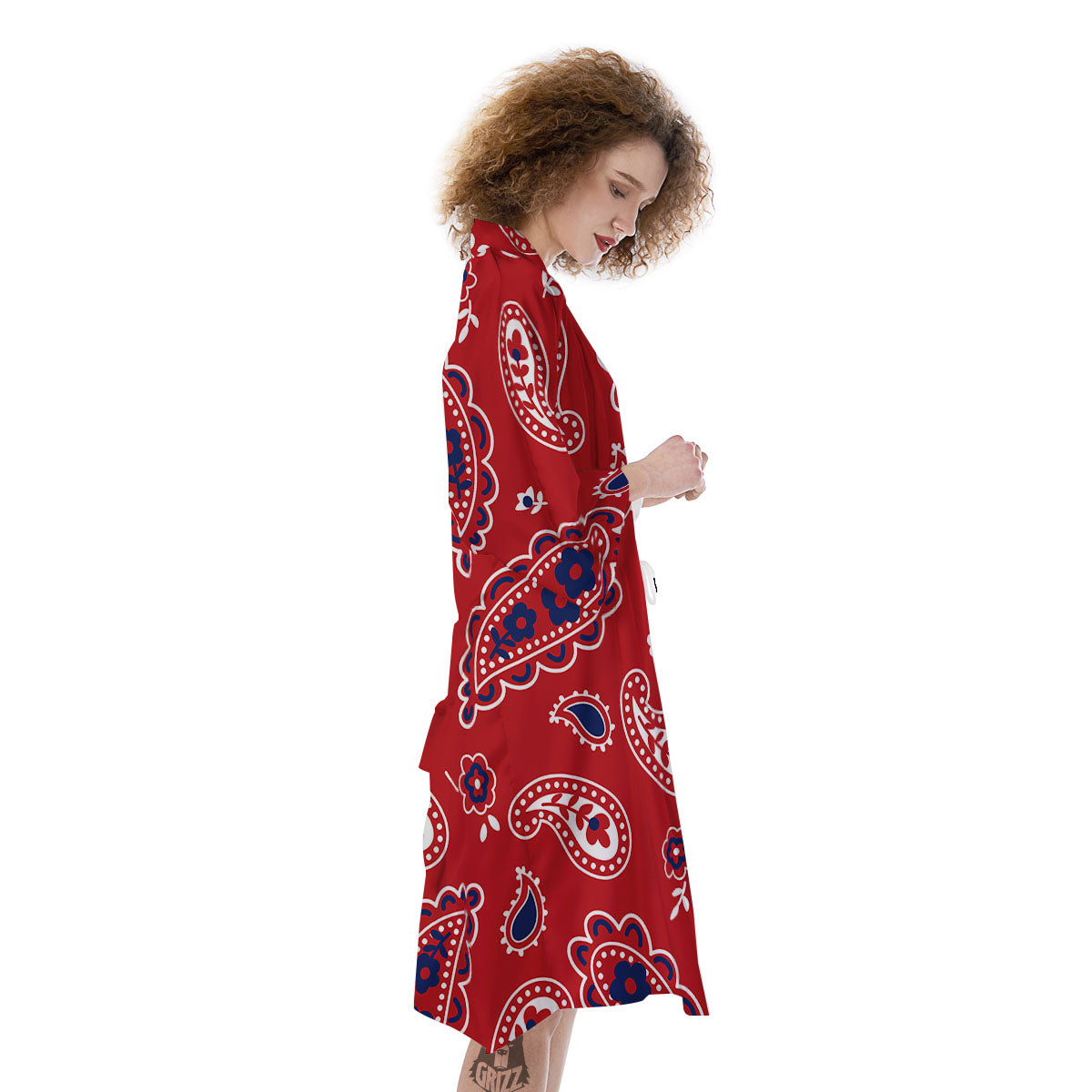 White Bandana And Blue Red Print Kimono-grizzshop