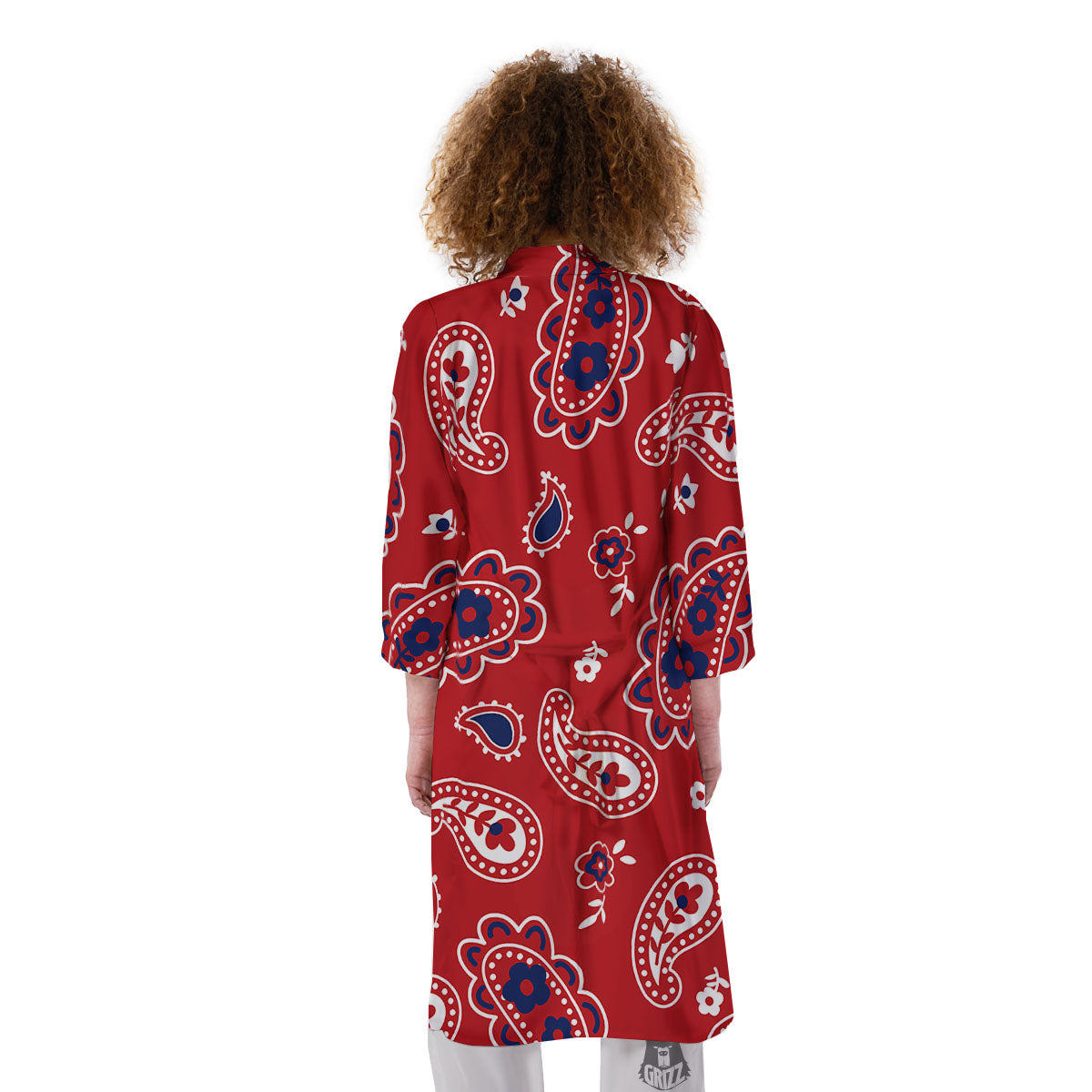 White Bandana And Blue Red Print Kimono-grizzshop