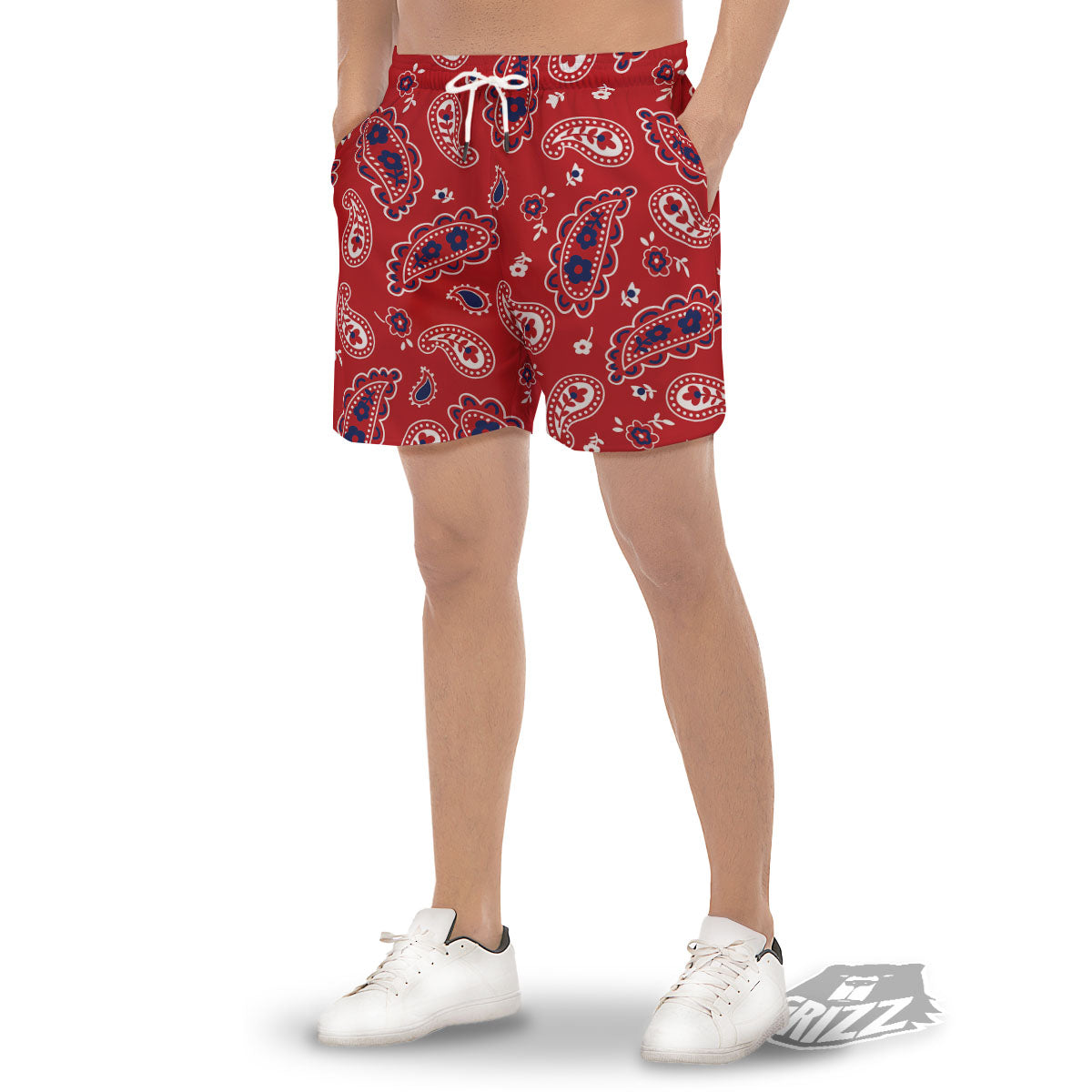 White Bandana And Blue Red Print Men's Gym Shorts-grizzshop