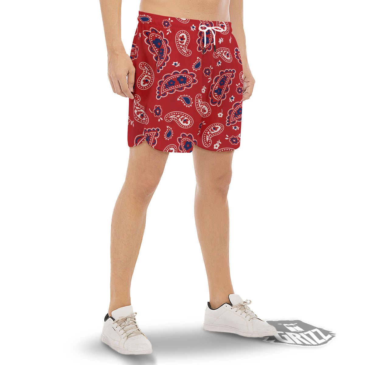 White Bandana And Blue Red Print Men's Gym Shorts-grizzshop