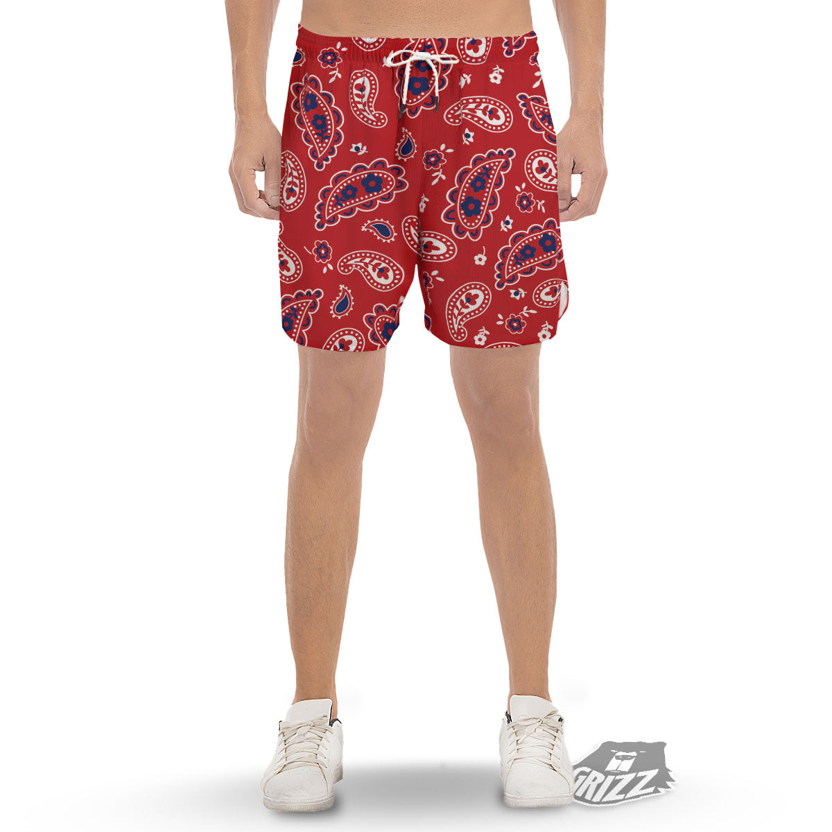 White Bandana And Blue Red Print Men's Gym Shorts-grizzshop