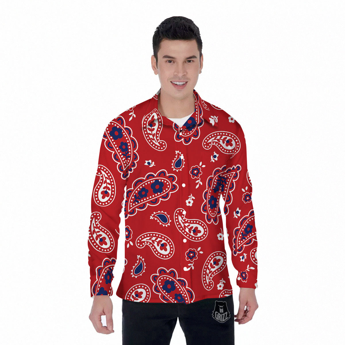 White Bandana And Blue Red Print Men's Long Sleeve Shirts-grizzshop