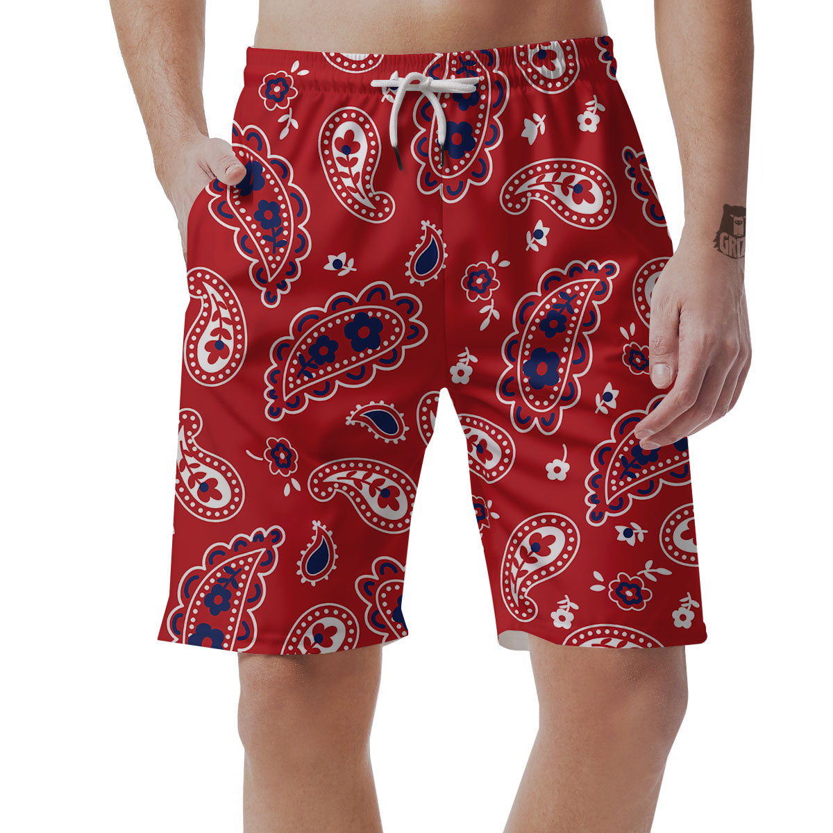 White Bandana And Blue Red Print Men's Shorts-grizzshop