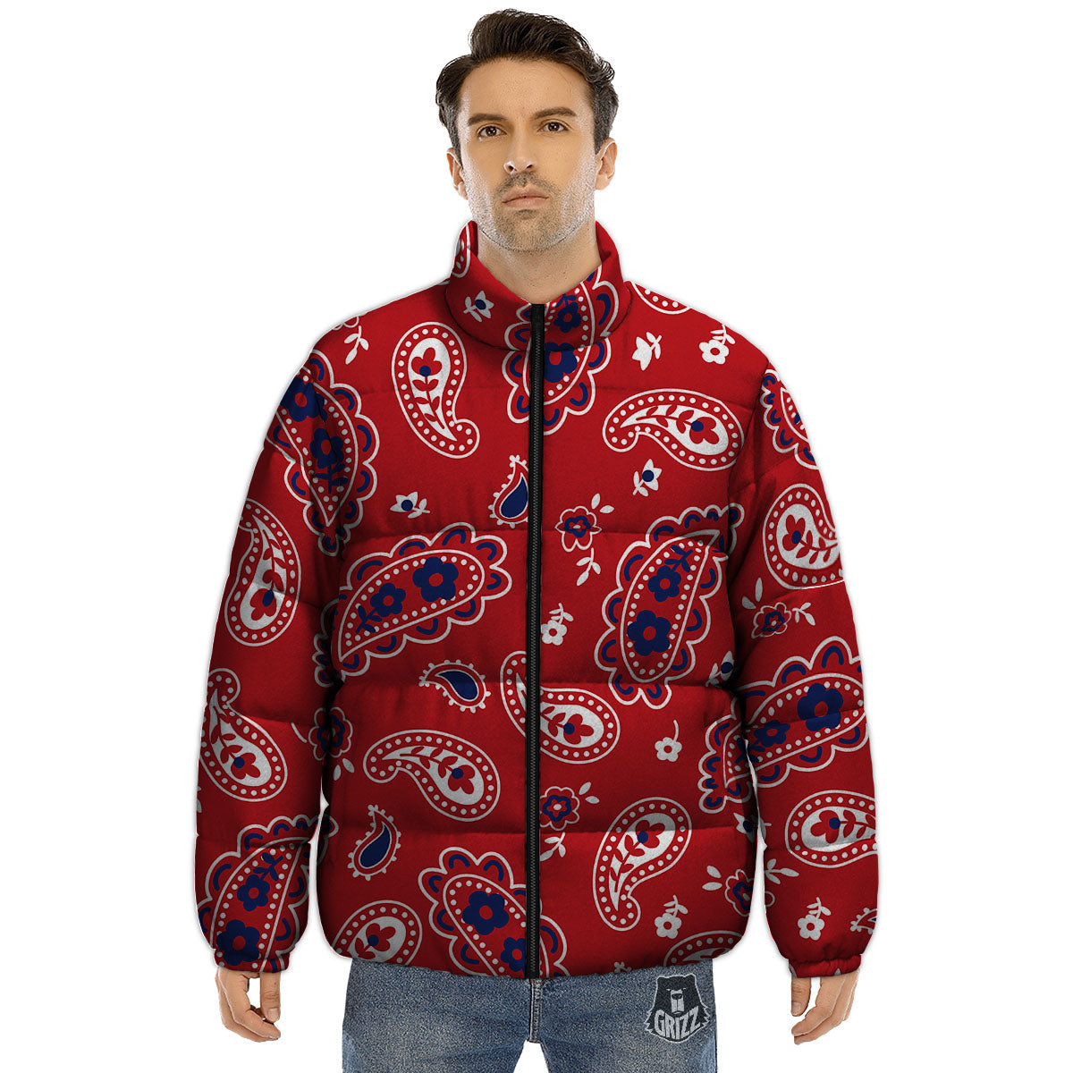 White Bandana And Blue Red Print Puffer Jacket-grizzshop