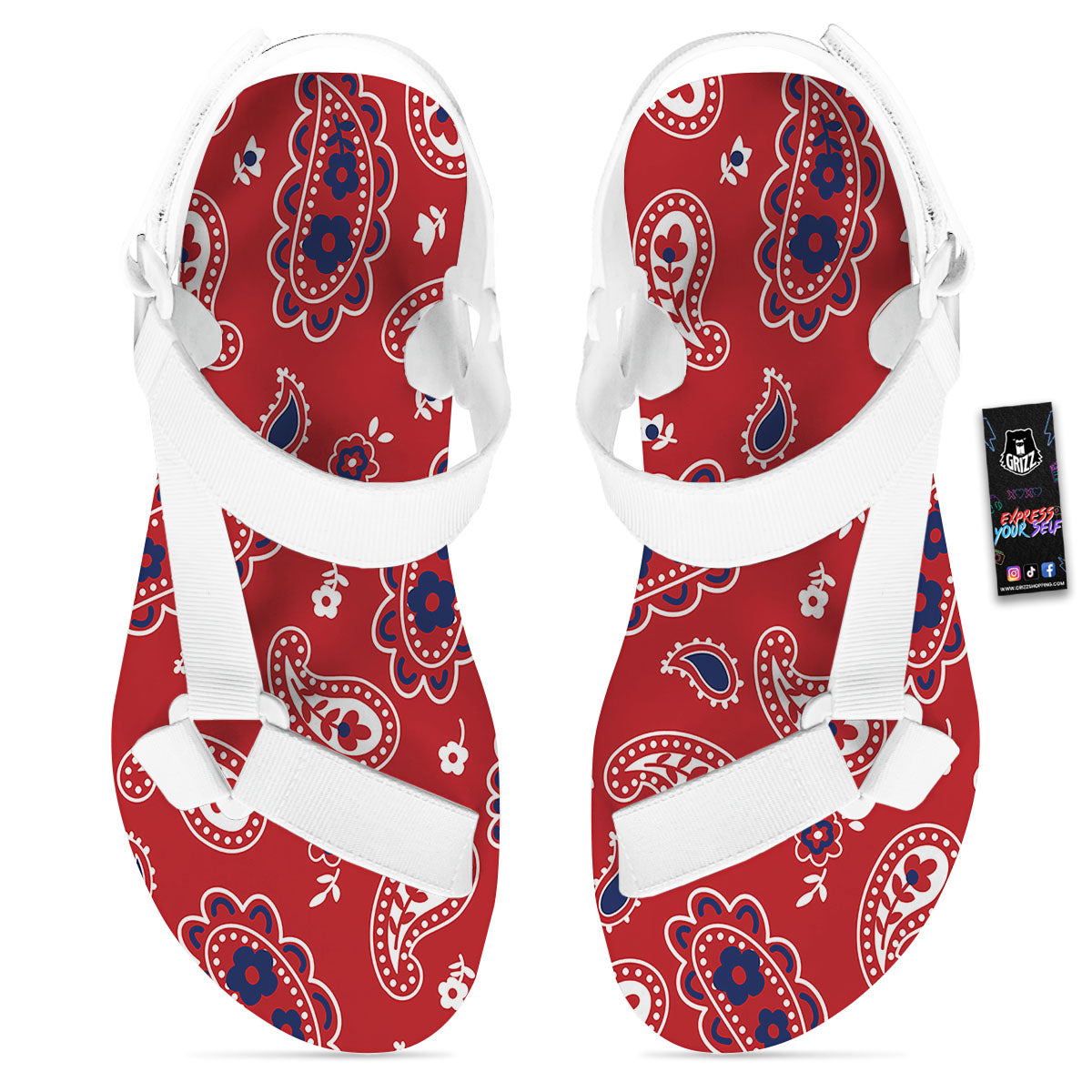 White Bandana And Blue Red Print White Open Toe Sandals-grizzshop