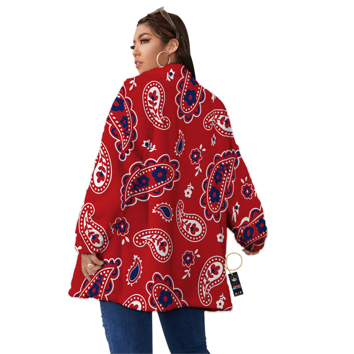White Bandana And Blue Red Print Women's Sherpa Jacket-grizzshop