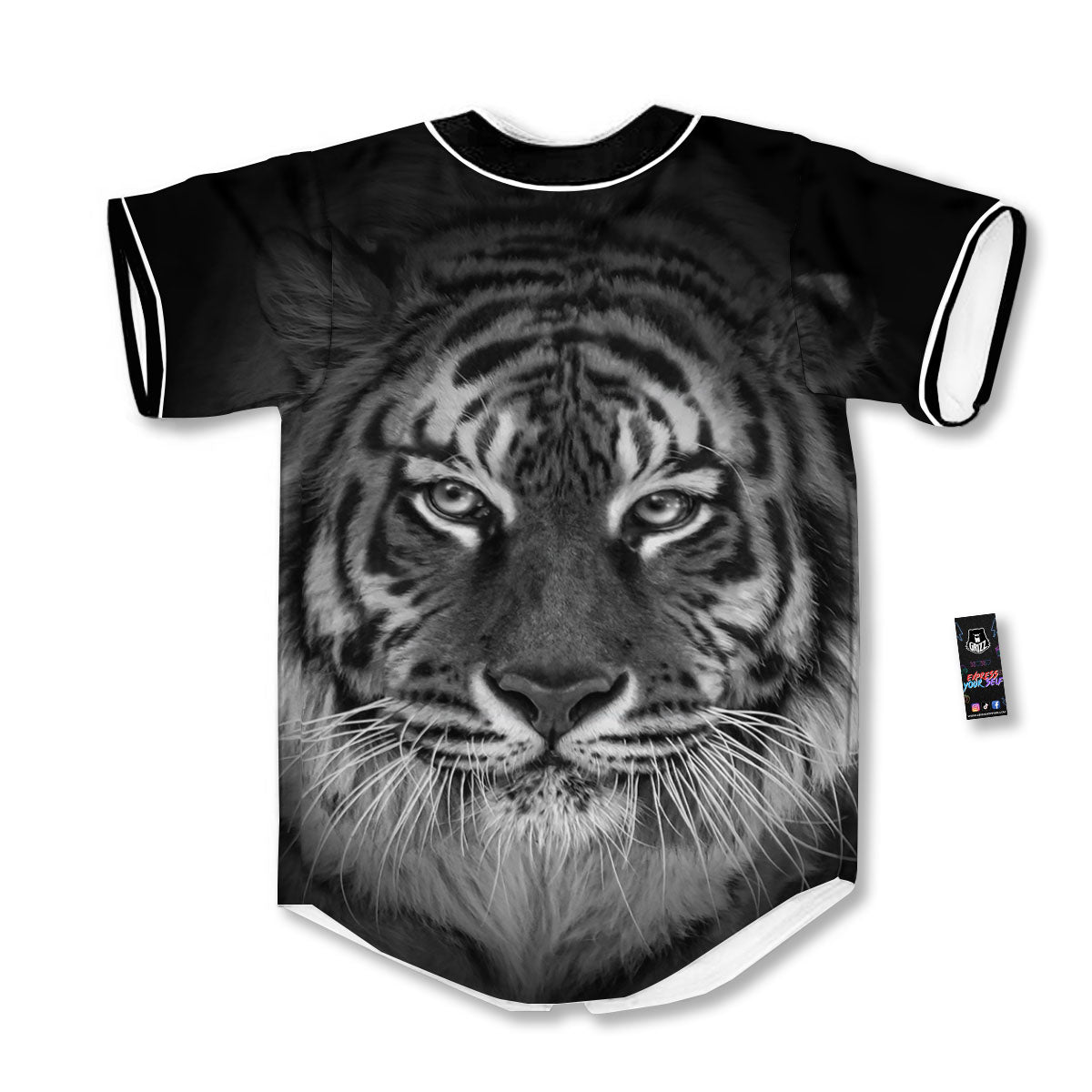 White Bengal Tiger Monochrome Print Baseball Jersey-grizzshop