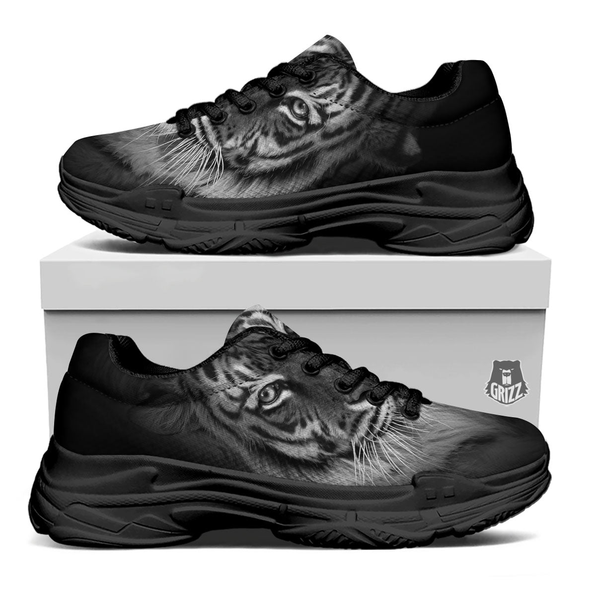 White Bengal Tiger Monochrome Print Black Chunky Shoes-grizzshop