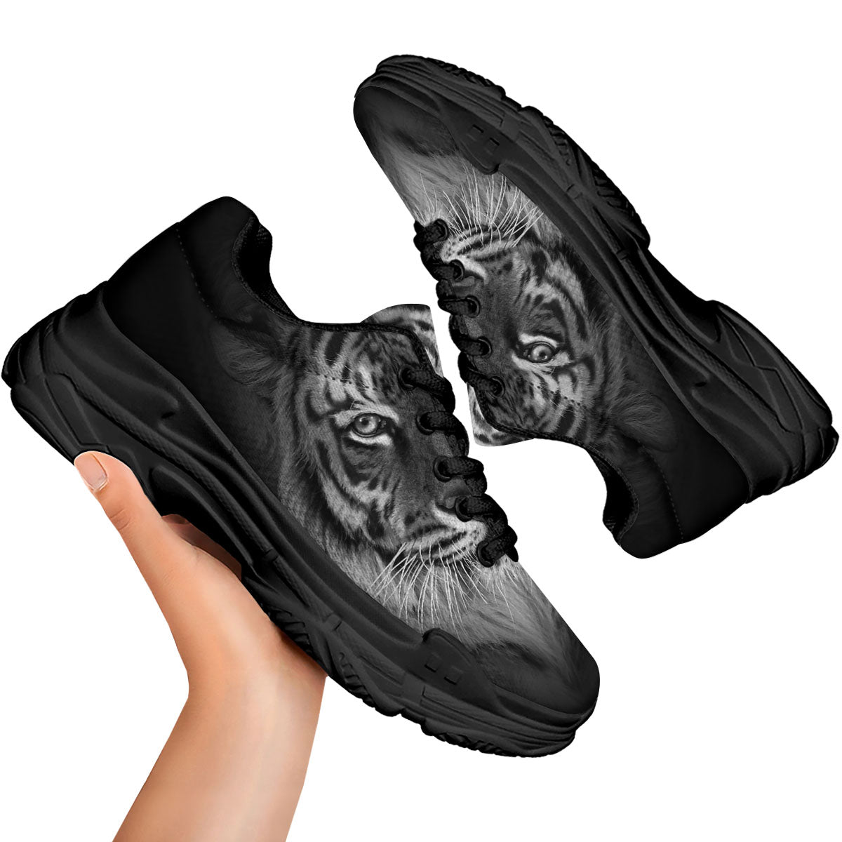 White Bengal Tiger Monochrome Print Black Chunky Shoes-grizzshop