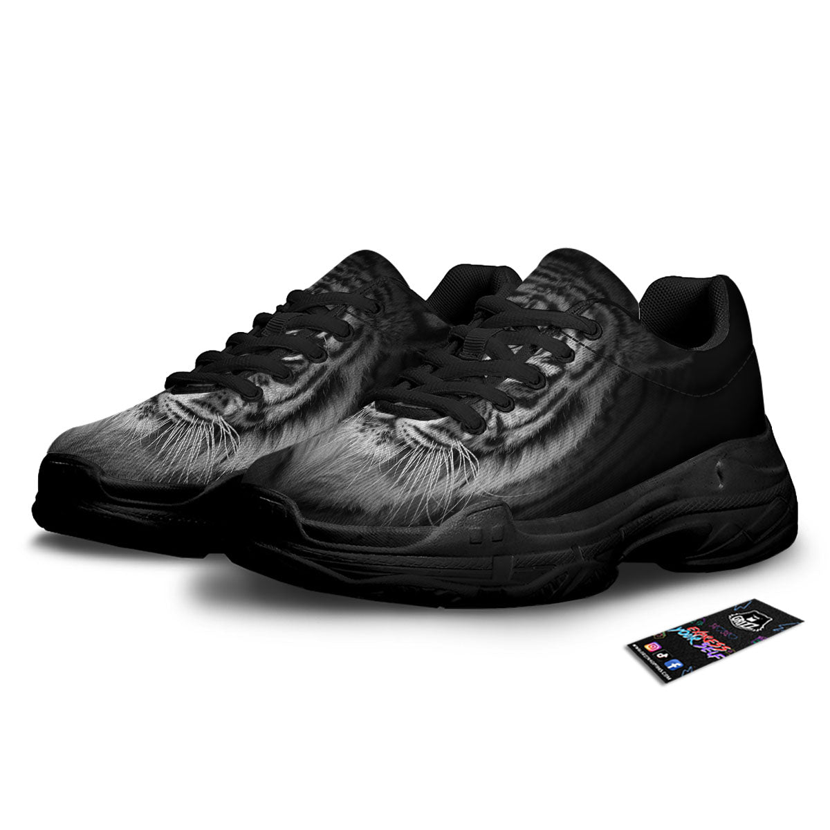 White Bengal Tiger Monochrome Print Black Chunky Shoes-grizzshop