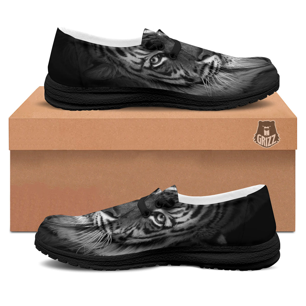 White Bengal Tiger Monochrome Print Black Loafers-grizzshop
