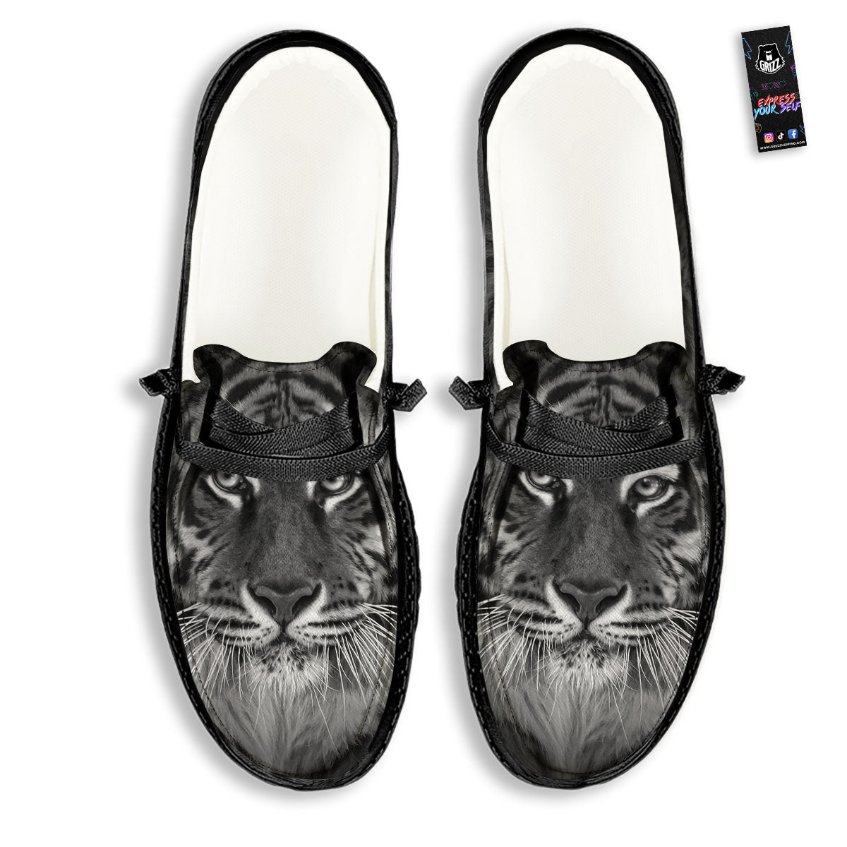 White Bengal Tiger Monochrome Print Black Loafers-grizzshop