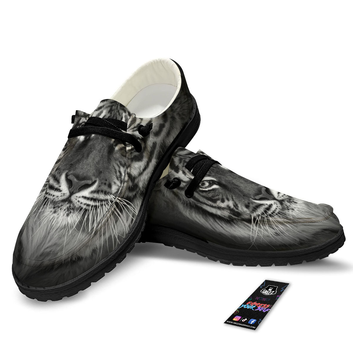 White Bengal Tiger Monochrome Print Black Loafers-grizzshop