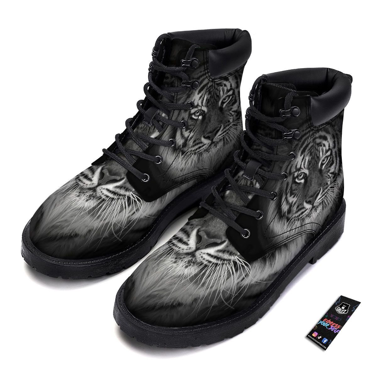 White Bengal Tiger Monochrome Print Boots-grizzshop