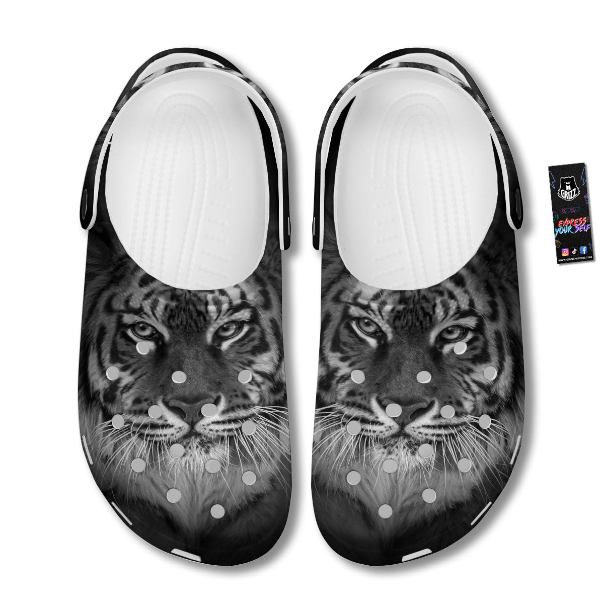 White Bengal Tiger Monochrome Print Clog-grizzshop