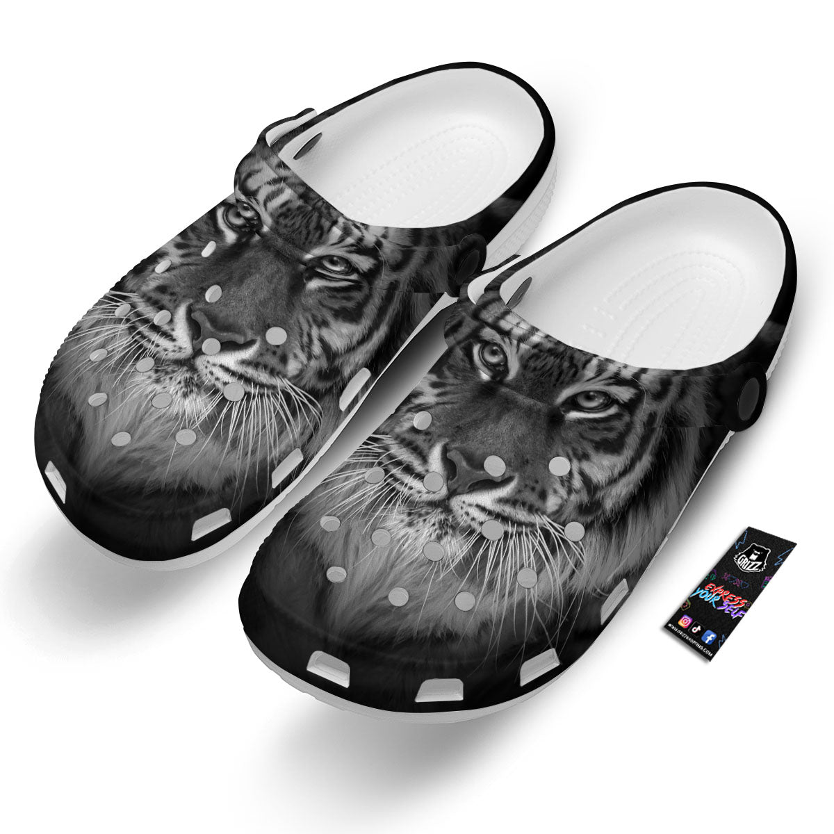 White Bengal Tiger Monochrome Print Clog-grizzshop