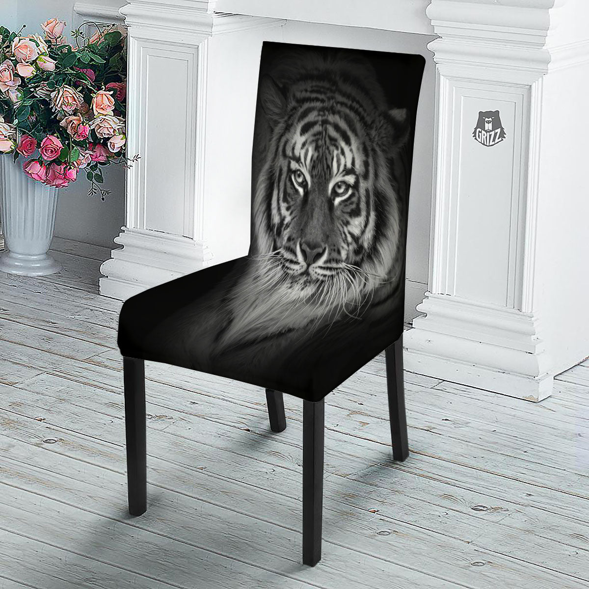 White Bengal Tiger Monochrome Print Dining Chair Slipcover-grizzshop