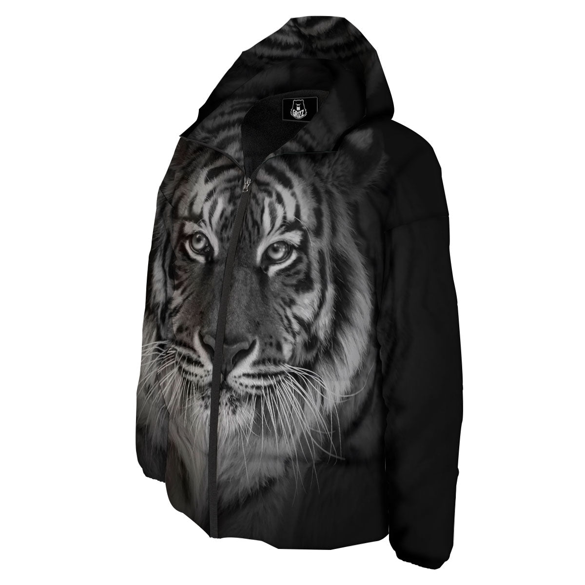 White Bengal Tiger Monochrome Print Down Jacket-grizzshop