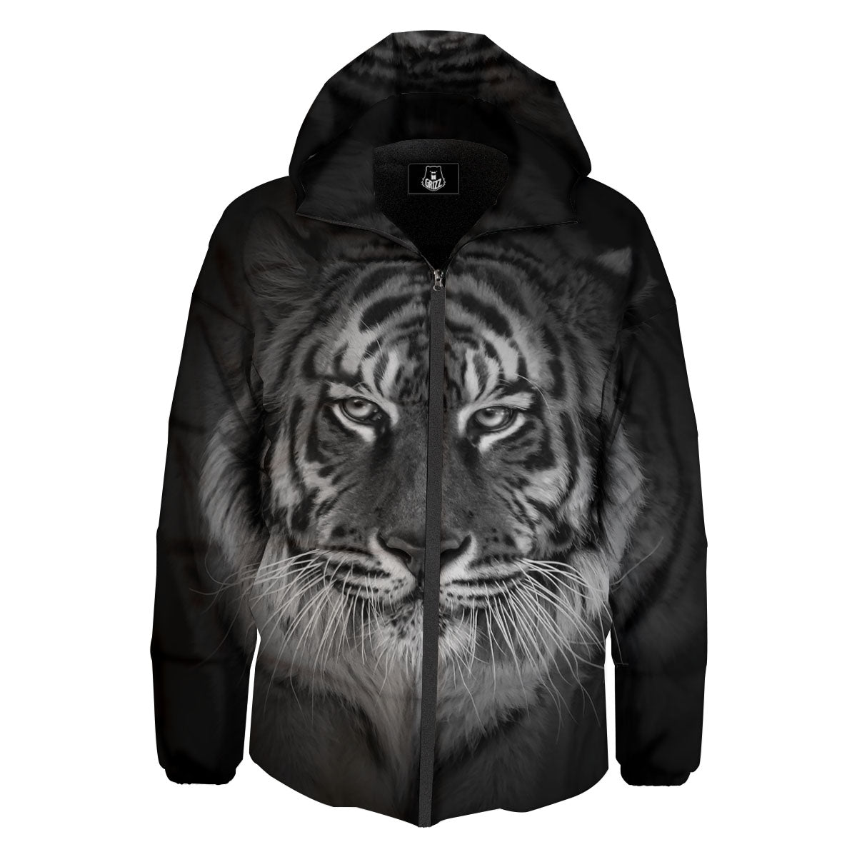 White Bengal Tiger Monochrome Print Down Jacket-grizzshop