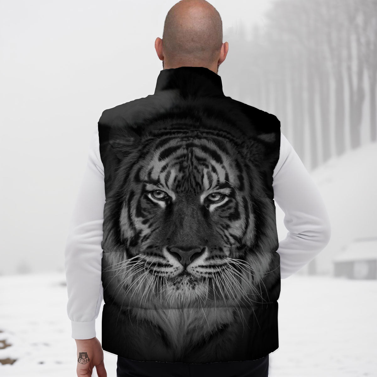 White Bengal Tiger Monochrome Print Down Vest