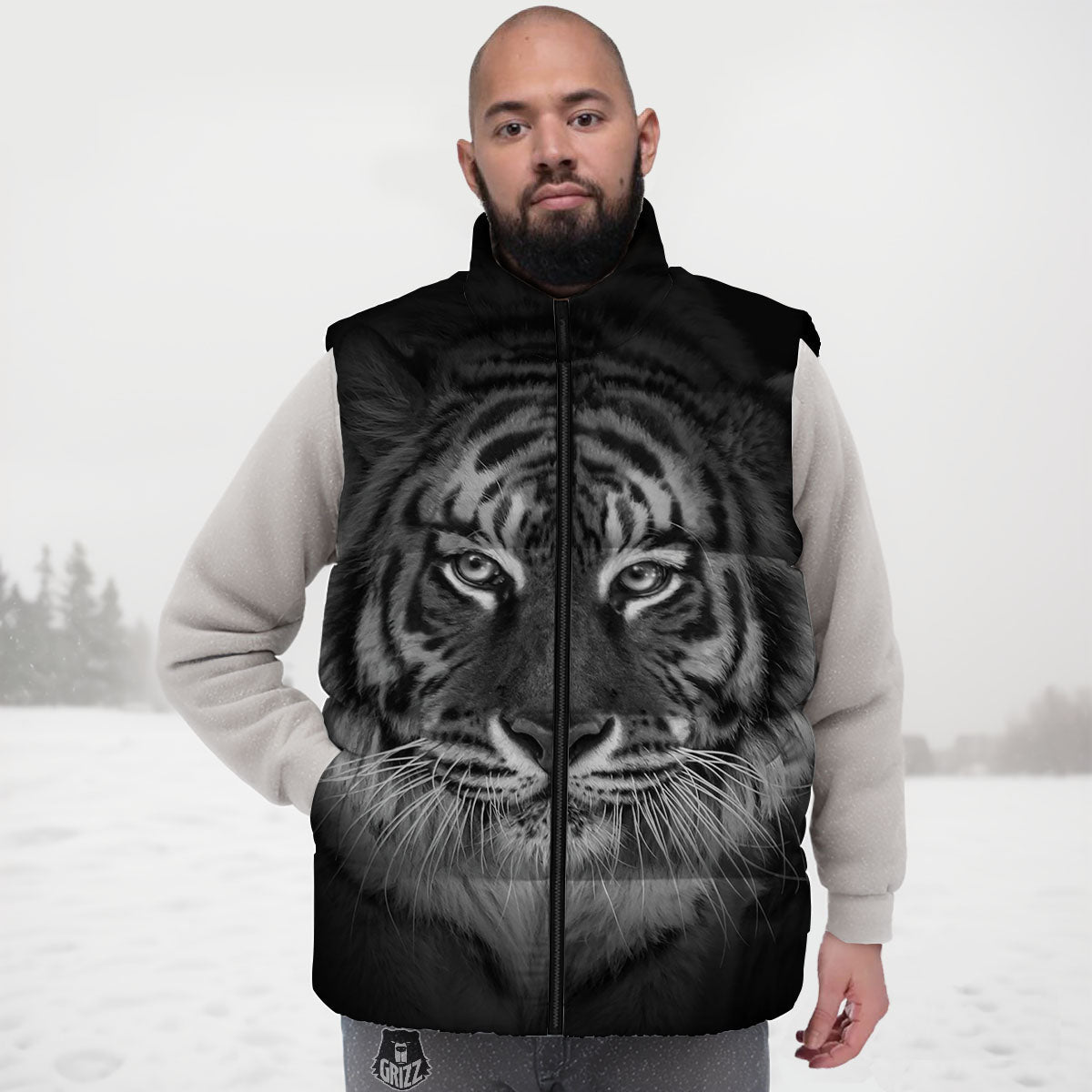 White Bengal Tiger Monochrome Print Down Vest